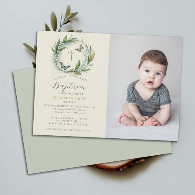 Convite Lily Valley Butterflies Floral Child Photo Baptism (photo baptism invitation christening name ceremony christian lily valley wreath butterflies elegant)