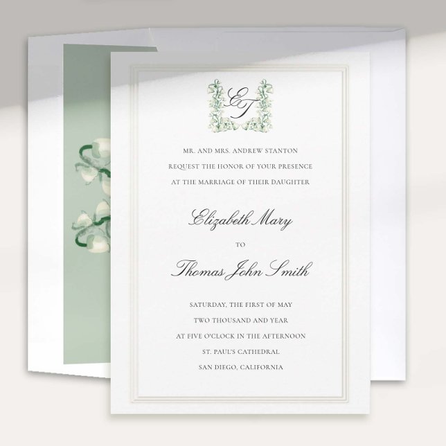 Convite Lily Valley Crest Faux Embossed Formal Weds (lily valley formal classic wedding invitation card watercolor fine art crest monograms script)