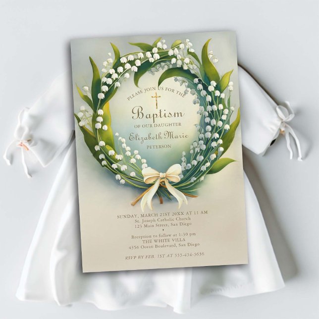 Convite Lily Valley Dourada Cross Wreath Arco Girl Baptism (girl baptism invitation christening lily of the valley wreath elegant formal classic sweet delicate )