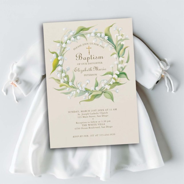 Convite Lily Valley Dourada Cross Wreath Formal Baptismo I (child baptism christening invitation lily of the valley wreath gold cross elegant simple classic)