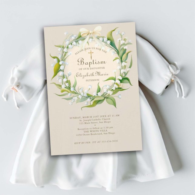 Convite Lily Valley Dourado Cross Wreath Arco Child Baptis (baptism invitation child boy girl christening lily of the valley floral wreath gold cross elegant )