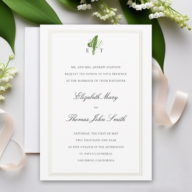 Convite Lily Valley Monogramas Faux Embossed Formal Wedes (lily of the valley wedding invitation formal traditional calligraphy monograms art unique elegant )