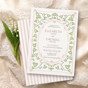Convite Lily Valley Vintage Nouveau Rosa Verde Casamento