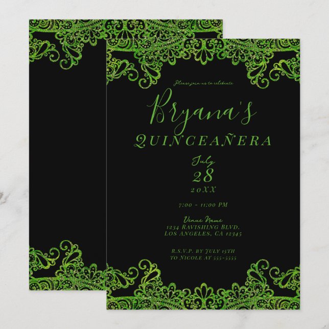 Convite Lima Verde Brilho Glitter Preto Quinceañera (Frente/Verso)