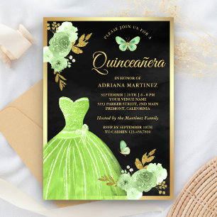 Convite Lima Verde Floral Borboleta Preto Dourado Quincean
