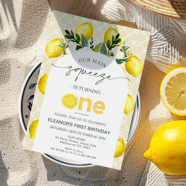 Convite Limão Amarelo Arch Nosso primeiro aniversario De A (Girls Our Main Squeeze 1st Birthday Invitation, Modern Main Squeeze First Birthday Invitation, Lemon)