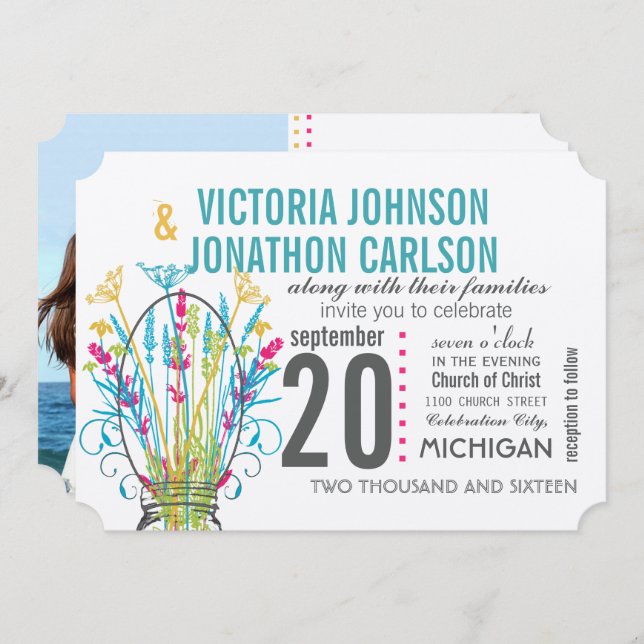 Convite Limão Amarelo Moderno Mason Jar Coral Casamento Fl (Frente/Verso)