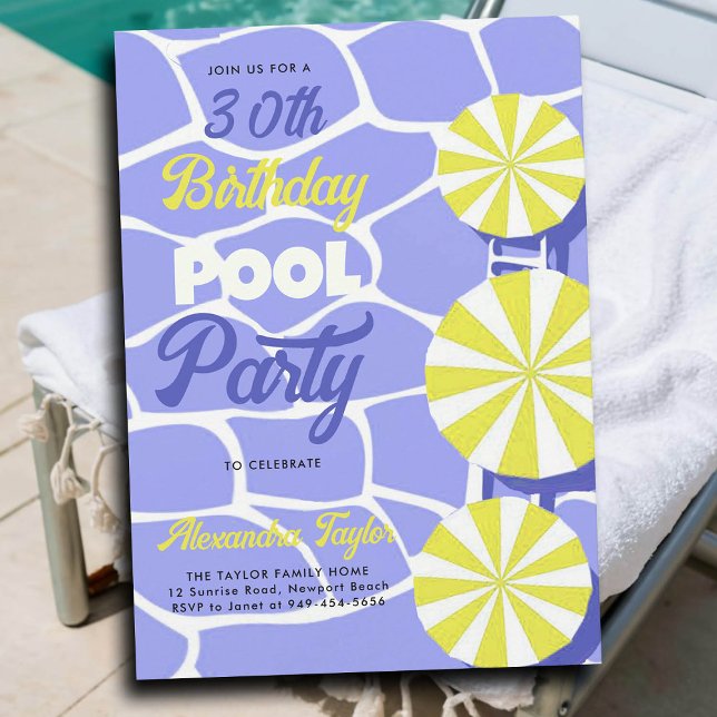 Convite Limão aniversário de 30 anos de Piscina de Verão (30th birthday party ideas for women pool umbrellas purple yellow personalized invitation summer fun)