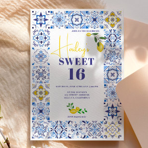 Convite Limão azulejos azuis italianos aquarelas Sweet 16