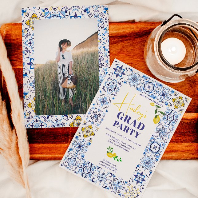 Convite Limão azulejos azuis italianos graduação em aquare (Criador carregado)