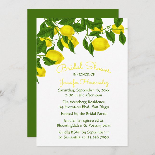 Convite Limão Chá de panela Amarelo e Aquarela Verde (Frente/Verso)