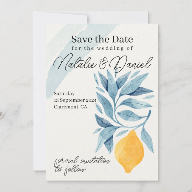 Convite Limão com ilustração botânica das folhas azuis (Frente)