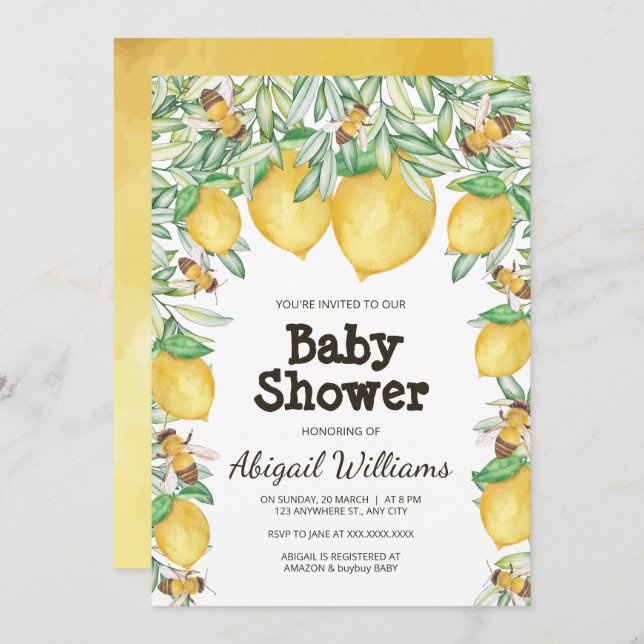 Convite Limão e Abelha Aquarela Chá de fraldas Verde (Frente/Verso)
