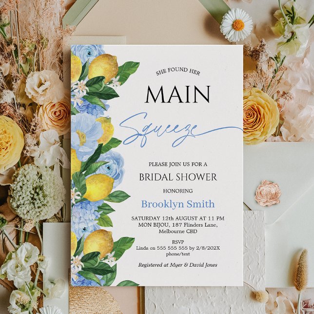 Convite Limão Floral Azul Moderno - Chá de panela (Lemon Bridal Shower Invitation Template, Blue Floral Lemon Bridal Shower, She Found her Main Squeeze)