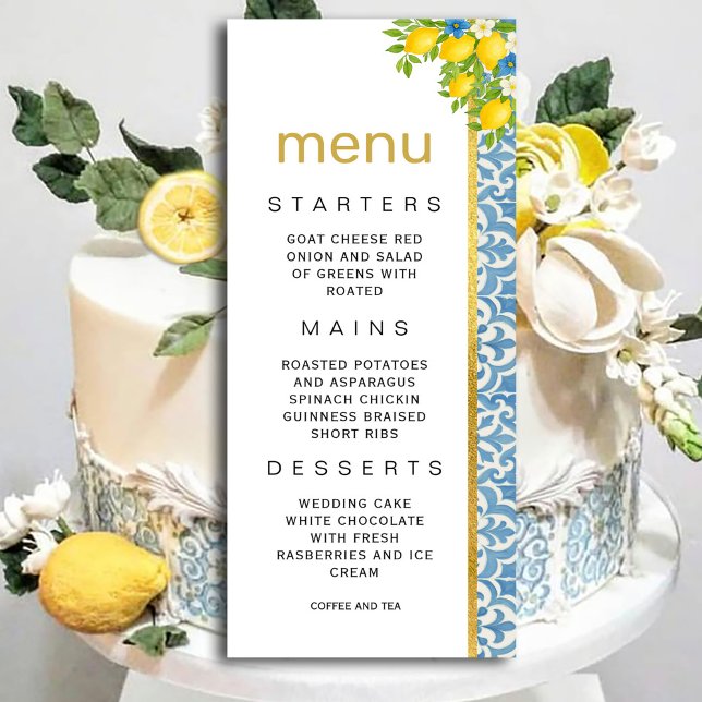 Convite Limão Mediterrâneo e Menu de Casamento de Azulejos (Mediterranean Lemon & Blue Tile Wedding Menu Invitation #zazzlemade #menuinvitation #dinner #lemon)