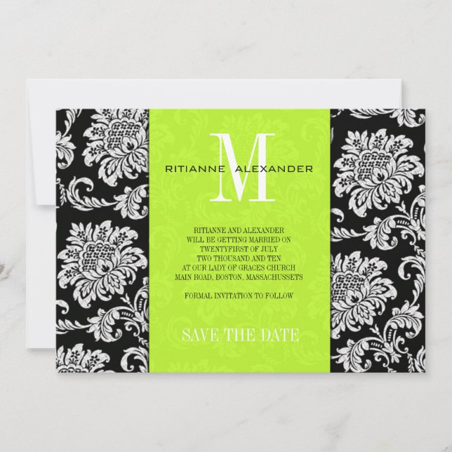 Convite Lime Monograma Preto Damasko Casamento Save The Da (Frente)