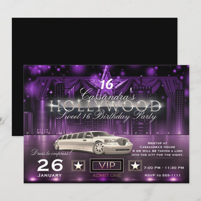 Convite Limo Luzes da Cidade Roxo e Prata Festa de Hollywo (Frente/Verso)