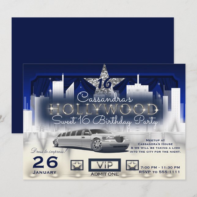 Convite Limo Luzes Noturnas da Cidade Prateada Azul Festa  (Frente/Verso)
