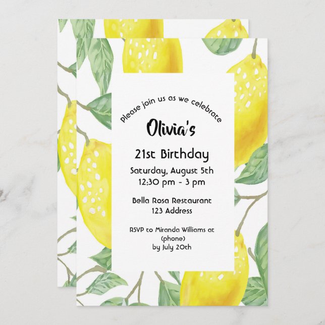 Convite limões amarelos aniversário de 21 anos (Frente/Verso)