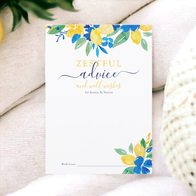 Convite Limões amarelos azuis, cor d'água floral, conselho (Blue yellow lemons floral watercolor bridal advice card invitation)