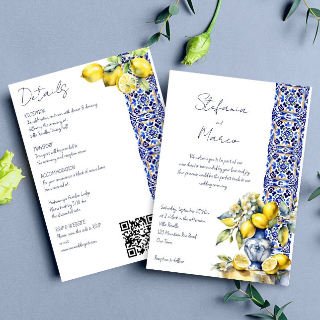 Convite Limões azuis italianos do azulejo Amalfi, todos nu (Amalfi Italian blue tiles lemons all in one wedding Invitation editable template digital download )