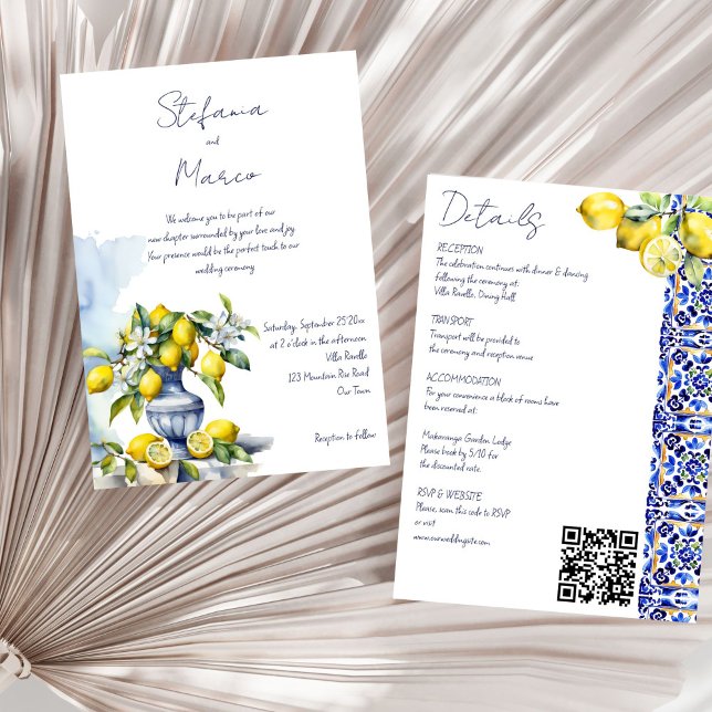Convite Limões azuis italianos do azulejo Amalfi, todos nu (Amalfi Italian blue tiles lemons all in one wedding Invitation template instant download)