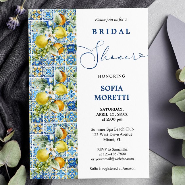 Convite Limões-Azulejo-do-Mediterrâneo Bebê ou Chá de pane (Criador carregado)