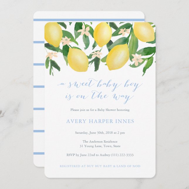 Convite Limões Chá de fraldas de Molho Azul-Doce (Frente/Verso)