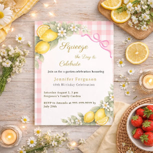 Convite Limões cítrico xadrez rosa verão jardim aniversári