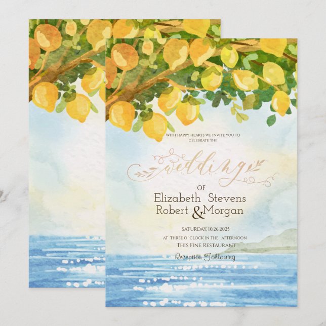Convite Limões de Aquarela Casamento no Oceano (Frente/Verso)