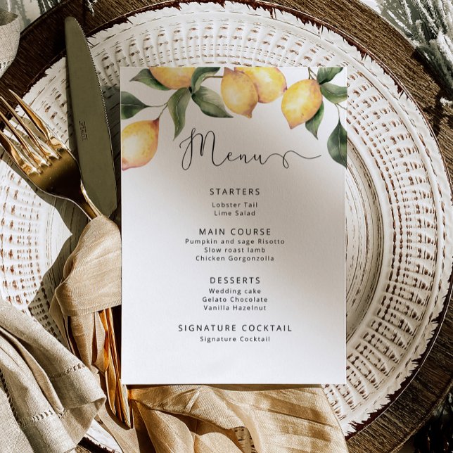 Convite Limões de aquarela Menu de casamento elegante (Criador carregado)