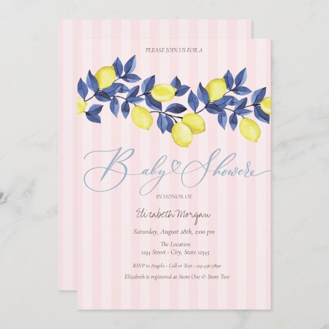Convite Limões de Aquarelas Chá de fraldas em estilhaço co (Frente/Verso)