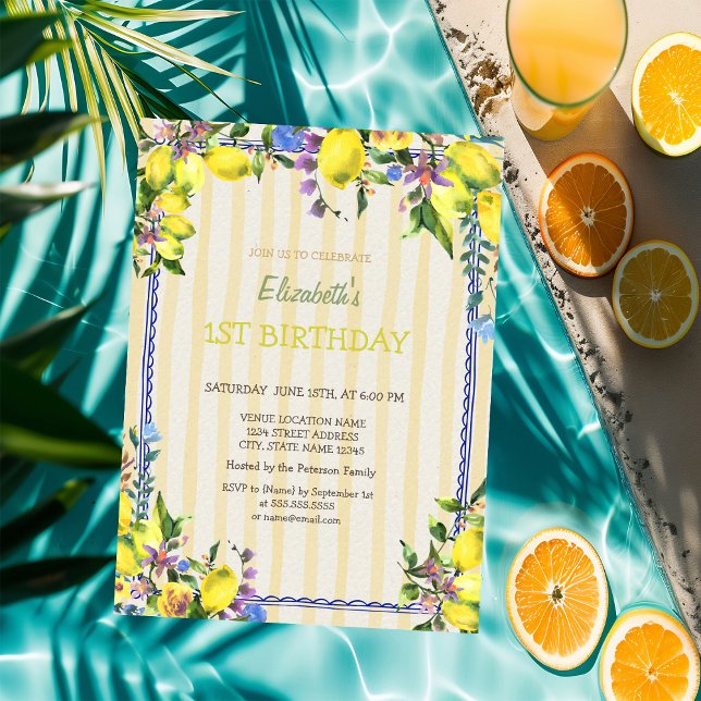 Convite Limões de Aquarelas Flores Amarelas Stripes Aniver (Criador carregado)