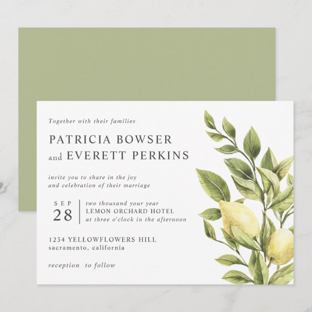 Convite Limões e folhas: casamento botânico com aquarela (Frente/Verso)