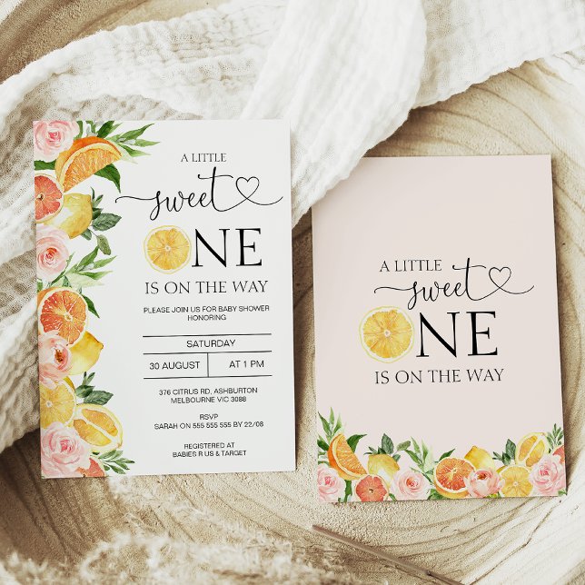 Convite Limões Florais Laranja Pequeno Doce Um Chá de fral (Citrus themed a little sweet one baby shower invitation with lemons, oranges, and pink flowers.)