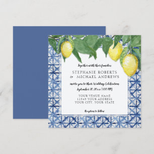Convite Limões X Shibori padrão azul celeste e branco Vint