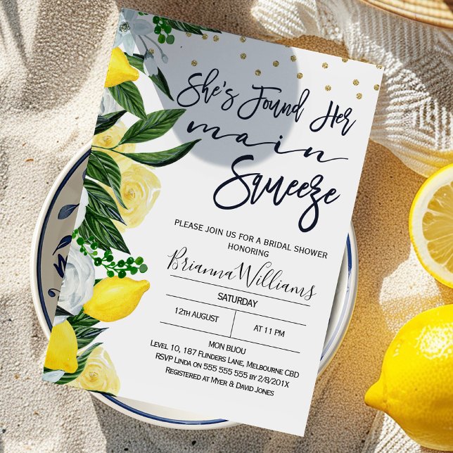 Convite Limon Floral Main Squeze Chá de panela (Modern She found Her Main Squeeze Bridal Shower Invitation, Floral and Lemons Main Squeeze Bridal)