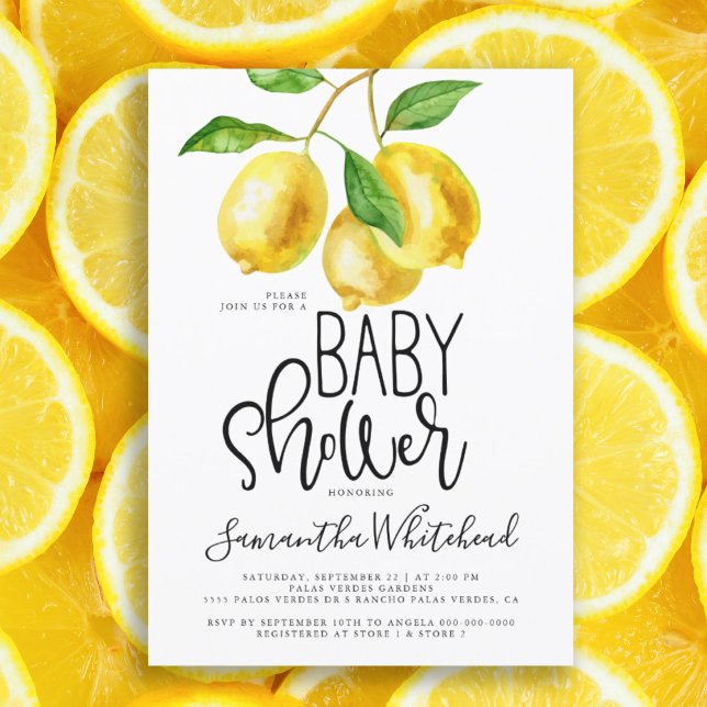 Convite Limon Watercolor Chá de fraldas (Lemon Drop Watercolor baby shower summer citrus invitation. Elegant typography on fruit invite.)