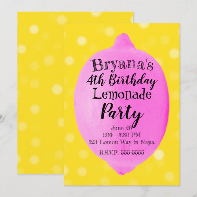Convite Limonada de Limão Rosa Amarelo Festa de Aniversári (Frente/Verso)