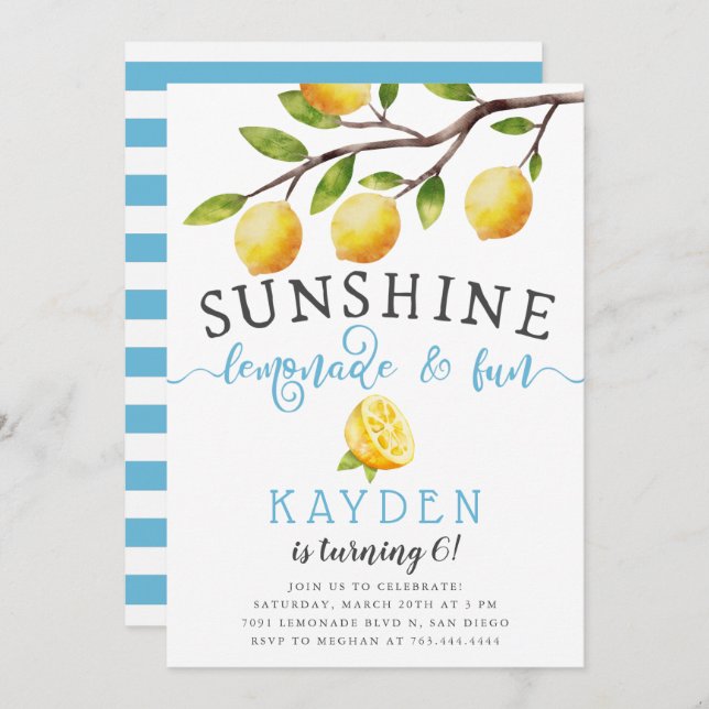 Convite Limonada Sunshine e Festa de aniversário do Rapaz  (Frente/Verso)