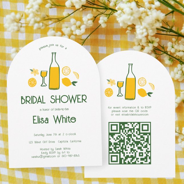 Convite Limoncello Lemonade Chá de panela de Arco QR PERSO (Limoncello Lemonade lemon CUSTOM QR Code Arch Bridal Shower Invitation
)