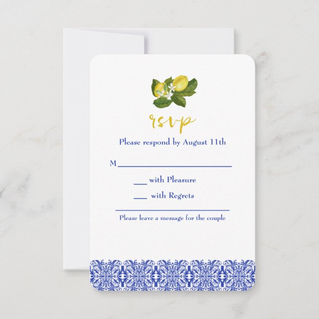 Convite Limone I Italiano Lemon & Blue Azulejo RSVP Card (Frente)