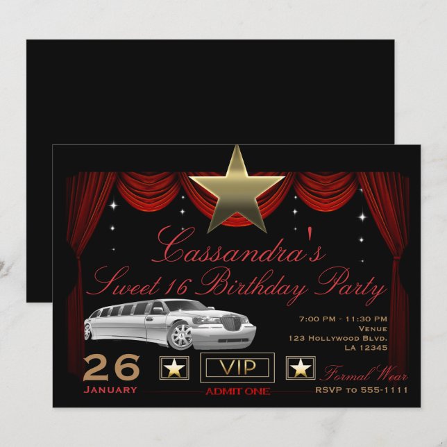 Convite Limousine Preta Vermelha com Estrela Dourada Festa (Frente/Verso)