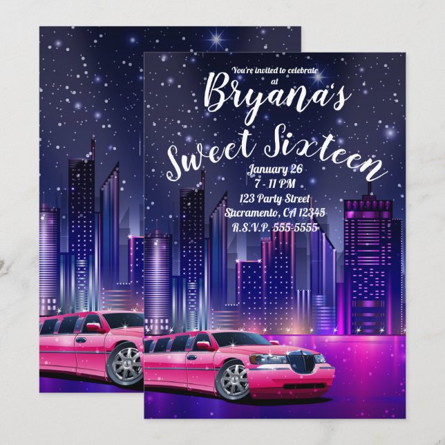 Convite Limousine Rosa Limo Cidade Doce 16 Aniversário Fot (Frente/Verso)