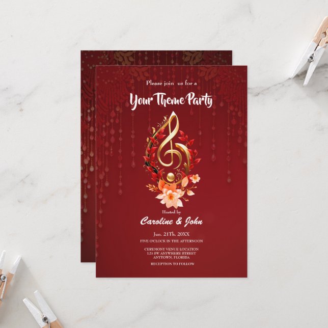 Convite Limpa ouro com folhas vermelhas. (Frente/Verso In Situ)