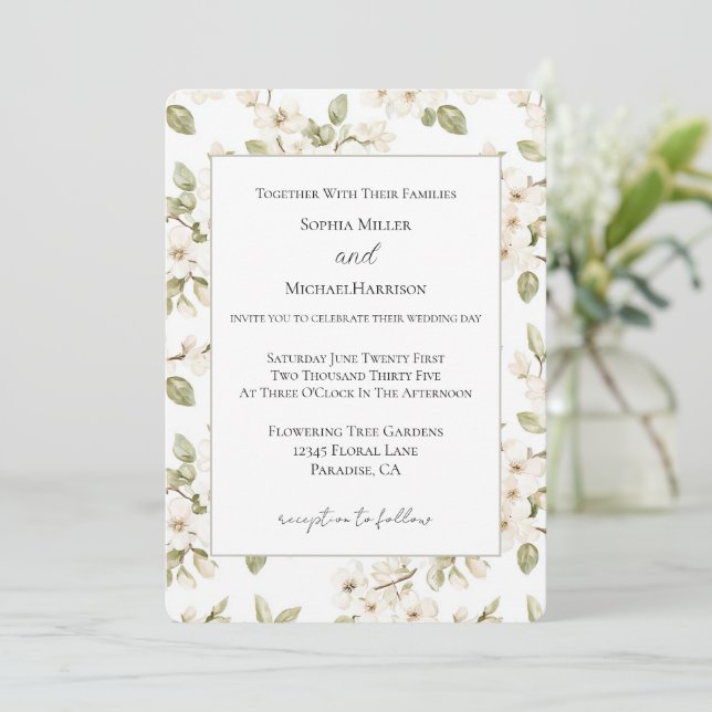 Convite Linda Árvore de Flores Cremes Casamento (Em pé/Frente)