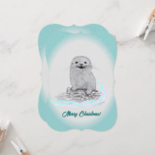 Convite Linda Bebê de Lontra Marinha Branca, Feliz Natal