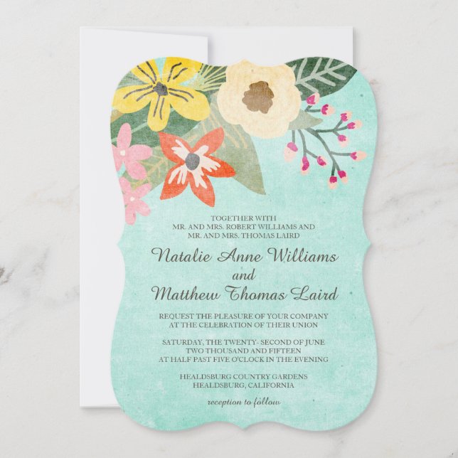 Convite Linda Blooms Watercolor Casamento Floral / Aqua (Frente)