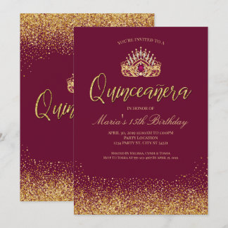 Convite Linda Borgonha e Dourada Quinceañera