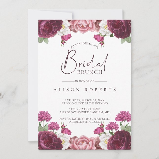 Convite Linda Brurgundia Floral Bridesmaids Brunch (Frente)